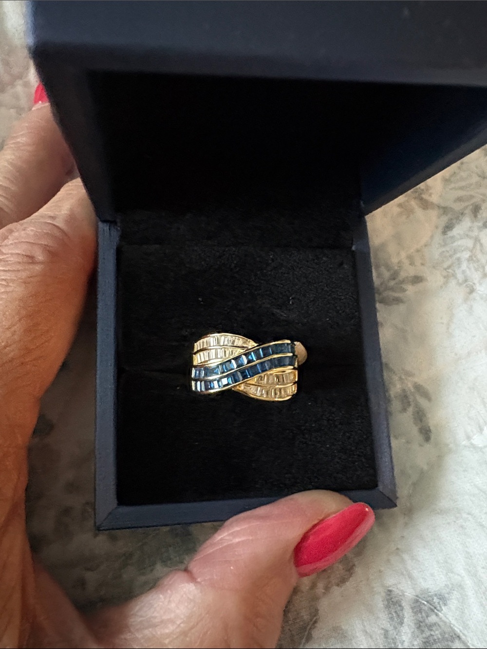 Gold-tone Wave Ring with Blue and Clear Stones